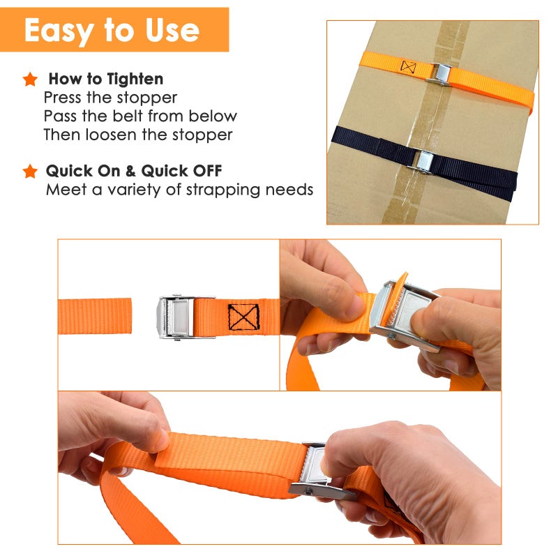 أسيلاين Acelane Lashing Straps 10' x 1'' Cam Buckle Tie Down Straps شديدة التحمل تصل إلى 800 رطل للبضائع والأمتعة والدراجات النارية وقوارب الكاياك وألواح ركوب الأمواج والأثاث والأجهزة المتحركة (4 قطع باللون الأسود والبرتقالي) - Image 3